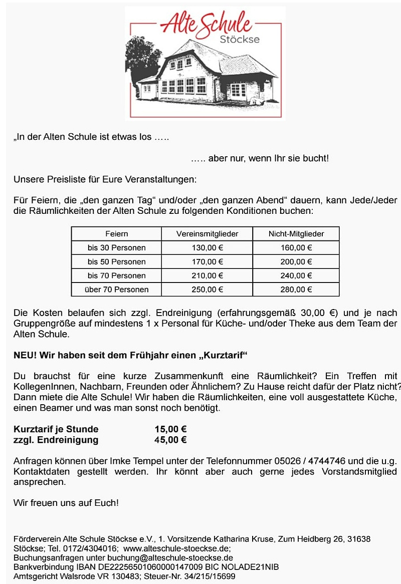 Buchungsinformationen und Preise Alte Schule Stöckse