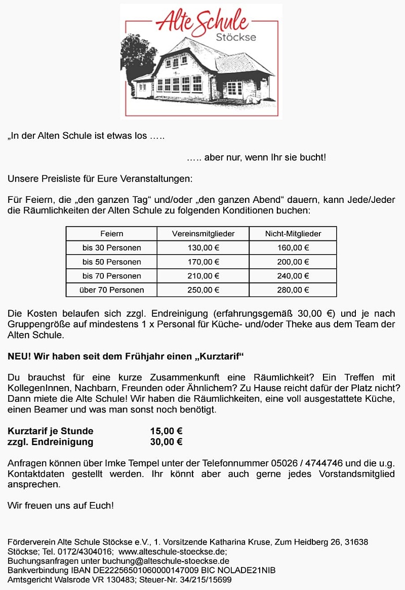 Buchungsinformationen und Preise Alte Schule Stöckse